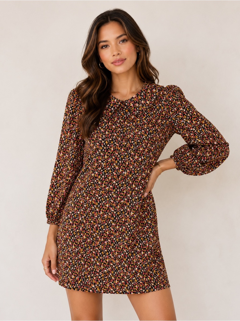 NWT Free People Making Plains Mini Dress Brown Ditsy Floral Puff Sleeve Size 6
